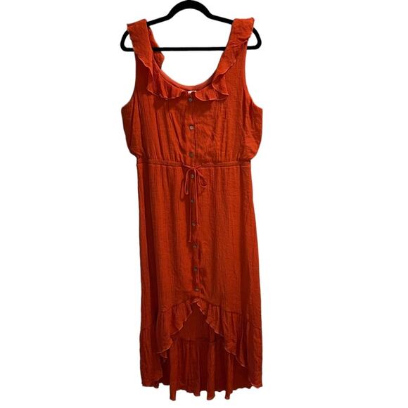 Luxology Size L Sleeveless Asymmetrical Hem Dress Orange Buttons Elastic Waist - Picture 1 of 15